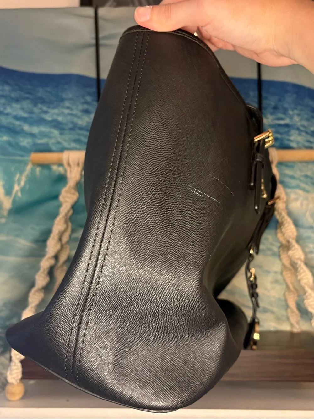 Michael Kors Black Leather Tote with Logo Charm and Gold Accents